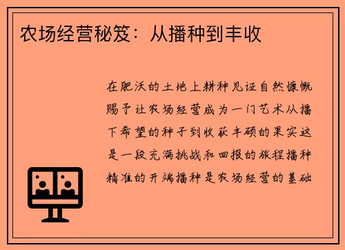 农场经营秘笈：从播种到丰收