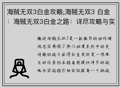 海贼无双3白金攻略;海贼无双3 白金：海贼无双3白金之路：详尽攻略与实战指引